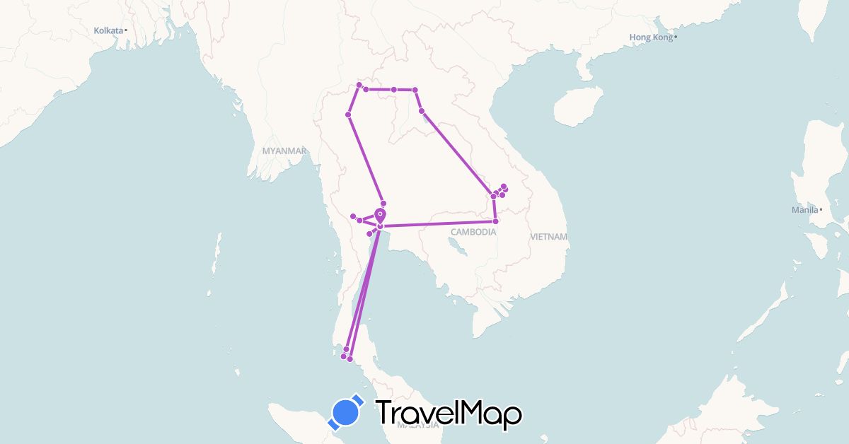 TravelMap itinerary: driving, train in Laos, Thailand (Asia)